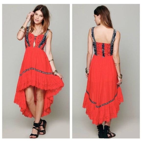 Free People Bossa Nova Eyelet Boho Hi-Low Maxi Dress Red Sz 4 NWOT rare - Picture 1 of 15